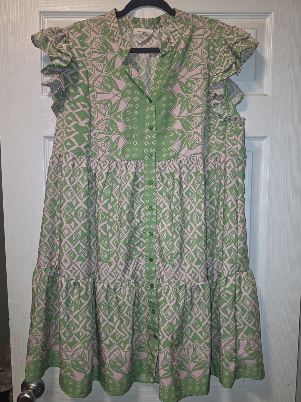 Umgee Green & Pink Patterned Ruffle Sleeve Shirt Dress